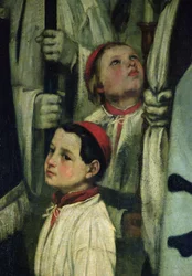 Um enterro em Ornans detalhe de um menino de coroas, 1849-1850 óleo sobre tela
